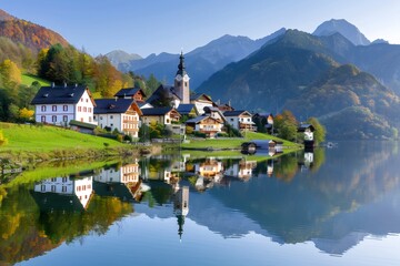 Fototapeta premium Grundlsee reflecting on the lake during a colorful autumn day in Austria