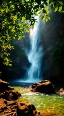 緑の葉のフレームに囲まれた雄大な滝の眺め