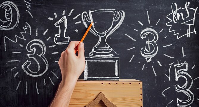 A hand sketches a trophy on a chalkboard surrounded by chalk drawings of numbers and bursts, signifying achievement and victory.  The trophy sits on a wooden box