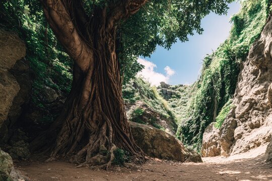 Lush, gnarled tree trunk in a rocky gorge