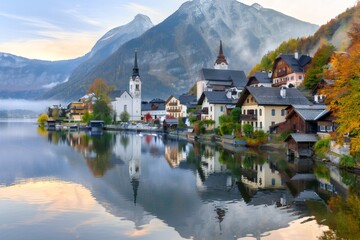 Fototapeta premium Reflecting in the calm water of lake during a misty autumn sunrise