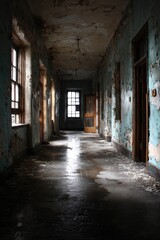 Fototapeta premium Decaying hospital hallway, light streaming down