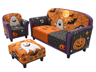 Halloween themed living room furniture set with spooky ghost and pumpkin design, perfect for home decor,isolated on white background