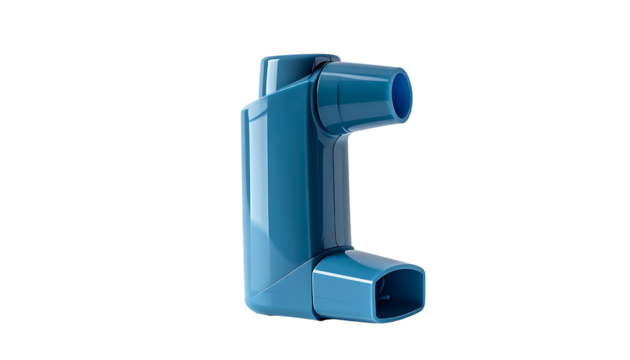 A teal-blue inhaler, angular design, two mouthpiece ends, smooth plastic surface, isolated on black background