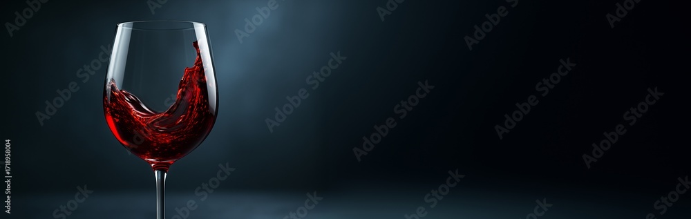 Poster elegant red wine swirling in a clear glass with empty dark background for copyspace and design conce