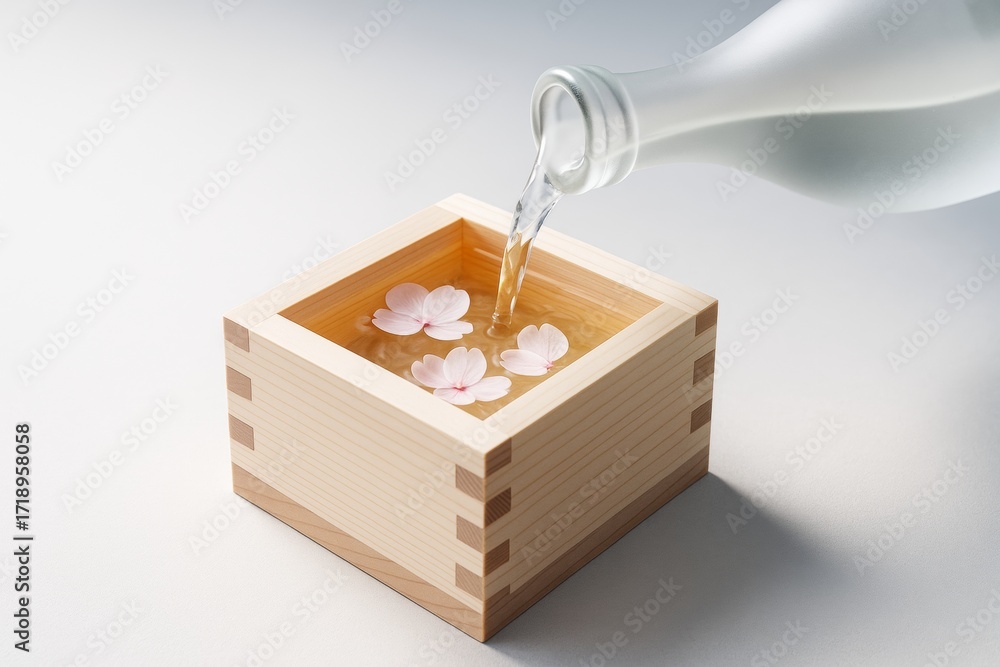 Poster traditional sake being poured into a wooden masu cup with floating cherry blossoms on a soft gradien