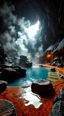 Blue Water Hot Spring With Rocks And Steam In