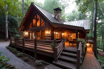 Luxurious log cabin nestled in a tranquil forest setting at dusk
