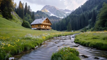 Obraz premium Wooden mountain cabin illuminating the idyllic valley with blooming wildflowers and flowing stream