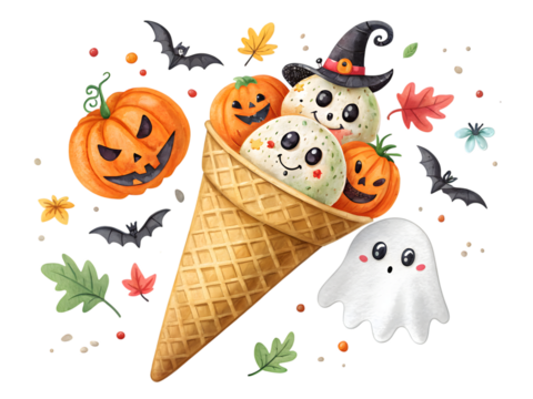 Spooky Halloween ice cream cone with pumpkins, bats, and a ghost for festive fun,isolated on white background