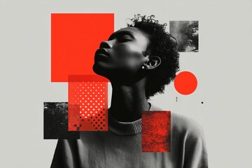 Dynamic black and white portrait with vibrant red geometric shapes conveying a stylish and artistic contemporary expression.