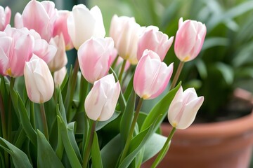 Fototapeta premium Pink and white tulips growing in a terracotta pot