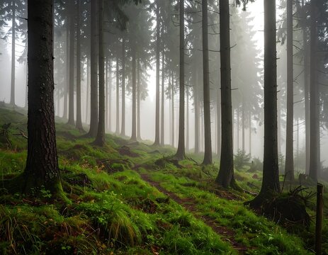 Misty forest path through tall trees