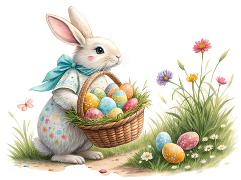 Cute Easter Bunny with Decorated Eggs and Spring Flowers