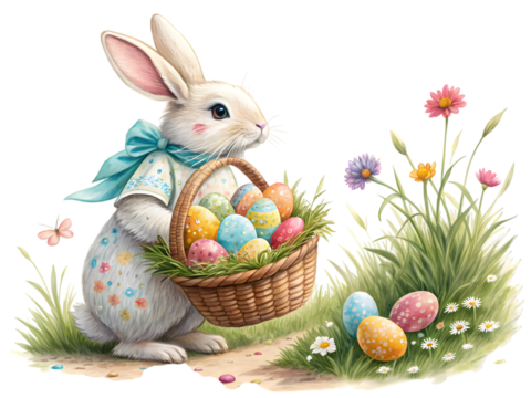 Charming Easter bunny carrying a basket of colorful eggs near flowers and grass, spring joy,isolated on white background - Powered by Adobe