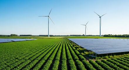 Agricultural landscape showing sustainable energy via solar panels and windmills farm.