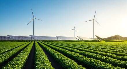 Farm field with rows of crops, solar panels, and wind turbines under a bright sky.