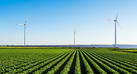 Agricultural field with orderly rows adjoined by solar panels and wind turbines.