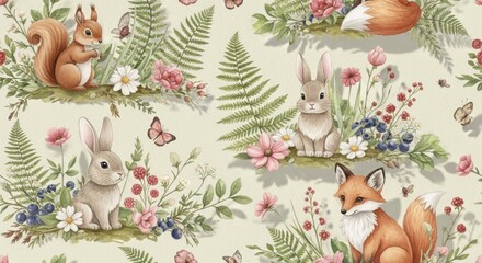 Enchanting forest friends watercolor pattern with squirrels foxes and rabbits ideal for whimsical designs