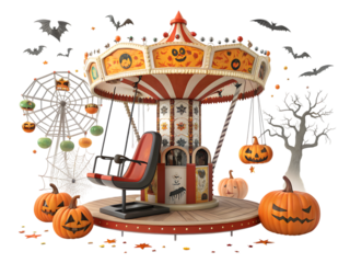 Spooky Halloween carousel with pumpkins, bats, and Ferris wheel for festive fun and decor,isolated on white background