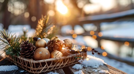 Christmas ornaments and pine cones resting in wicker basket on snowy wooden surface during sunset