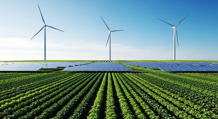 Scenic view of a farm with solar panels and wind turbines against a clear blue sky.