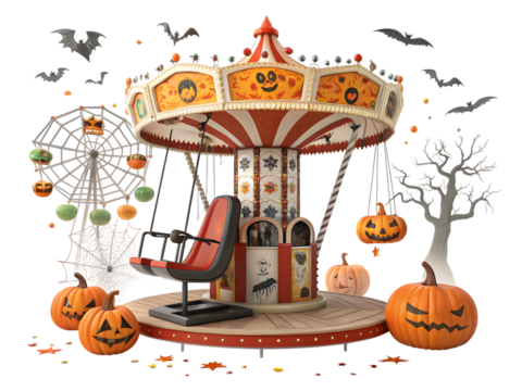 Spooky Halloween carousel with pumpkins, bats, and Ferris wheel for festive fun and decor,isolated on white background