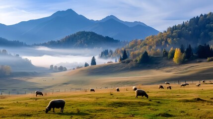 Obraz premium Sheep grazing in a green meadow with fog and the Pieniny mountains in the background
