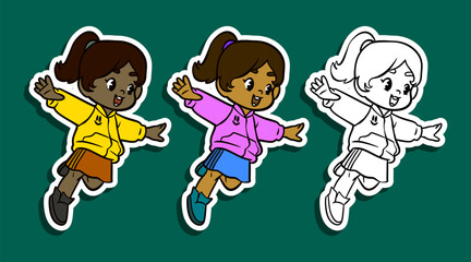 Girl jumping excited in hoodie and skirt sticker illustration