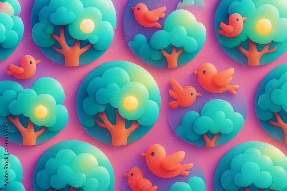Poster bright abstract forest background with red birds and stylized trees in circular patterns on a pink b