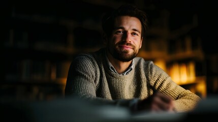 Fototapeta premium A thoughtful man with a beard smiles while studying at a desk in a dimly lit library