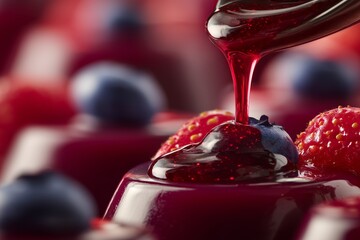 Close-up of vibrant berry sauce cascading over blueberries and strawberries, creating a visually appetizing dessert scene.