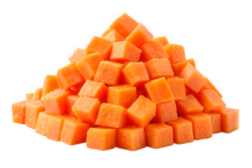 Freshly Diced Orange Papaya Cubes on a White Background