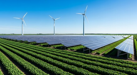 Wind turbines and solar panels coexist with crops on a sustainable modern farm landscape.