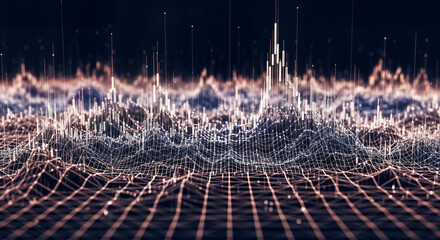 Abstract visualization of complex data, showing a dense network of glowing points and lines forming a threedimensional landscape, symbolizing big data analysis and scientific research