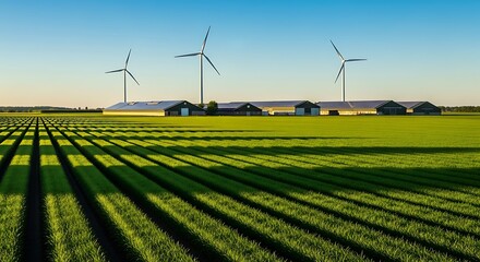 Modern sustainable farm with rows of crops, barns with solar panels and turbines.