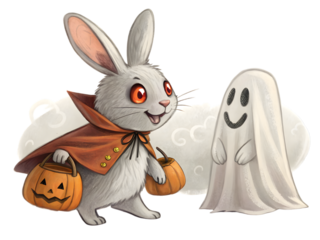 Halloween rabbit and ghost trick-or-treating together with pumpkin baskets, fun and spooky,isolated on white background