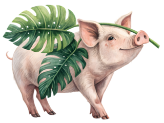 Charming pig adorned with lush monstera leaves, isolated on white background