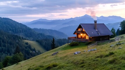 Fototapeta premium Cozy wooden cabin overlooking breathtaking mountain landscape at sunset