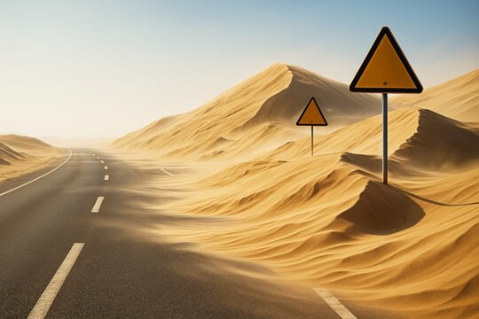 Desert road covered with sand dunes and warning signs under bright daylight in surreal natural environment with smooth background and creative concept. Ai generative - Powered by Adobe
