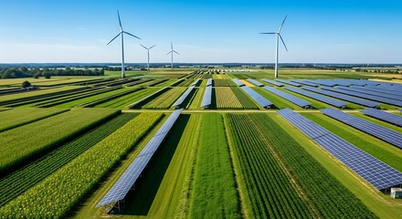 Aerial view of rural landscape showing solar panels, wind turbines, and crops.