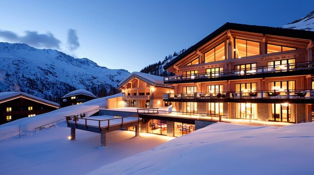 Luxury ski resort glowing at dusk in the Alps