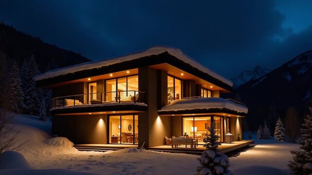 Modern house in the mountains at night, warm lighting creates a cozy atmosphere, snow around adds contrast