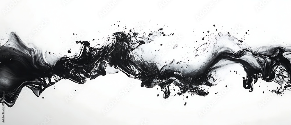 Poster abstract black ink splash and swirl on a clean white background, creating a dynamic and fluid artist