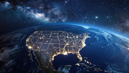 Obraz premium Night view of the United States from space, showcasing city lights against a backdrop of stars and the Milky Way. The curvature of Earth is visible