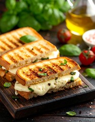 Grilled cheese sandwiches with melted cheese and basil