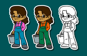 Girl gardener carrying a bucket Sticker Illustration