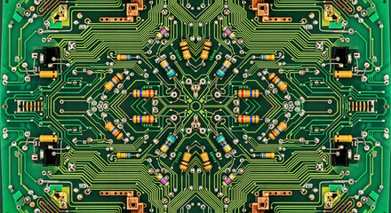 Intricate symmetrical fractal pattern created from a green electronic circuit board with resistors and components, showcasing complex technology and digital art