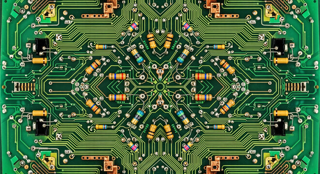 Intricate symmetrical fractal pattern created from a green electronic circuit board with resistors and components, showcasing complex technology and digital art