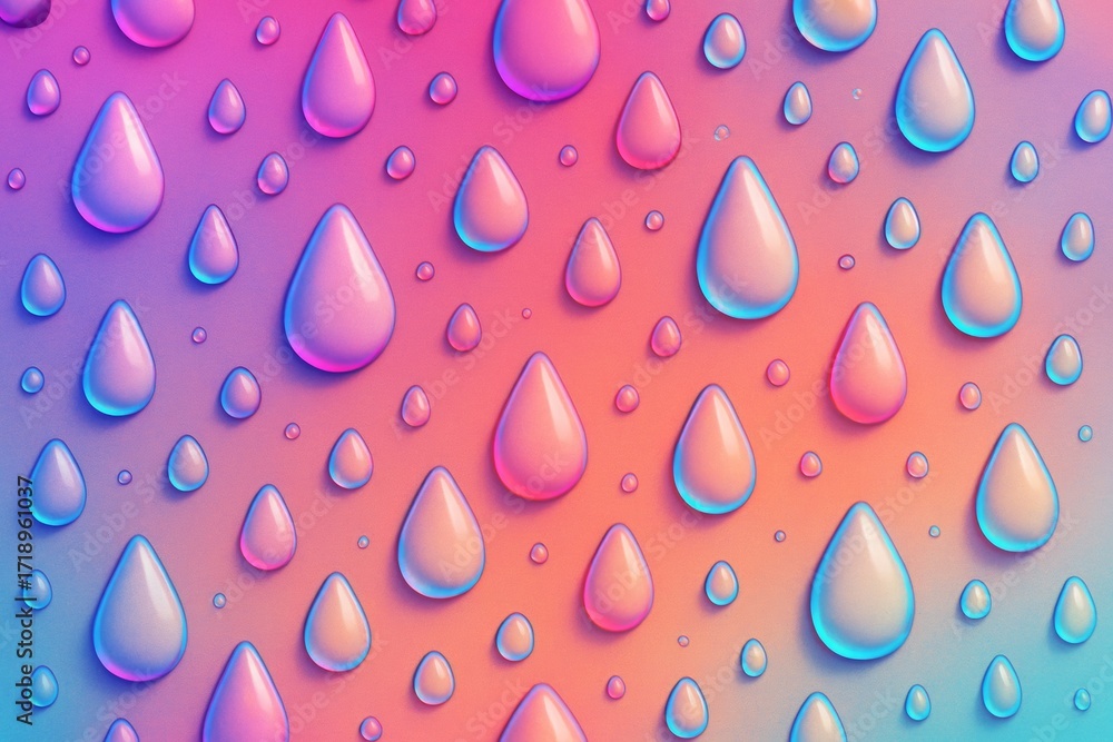 Poster glossy water droplets on colorful gradient background with soft light reflections illustrating moist